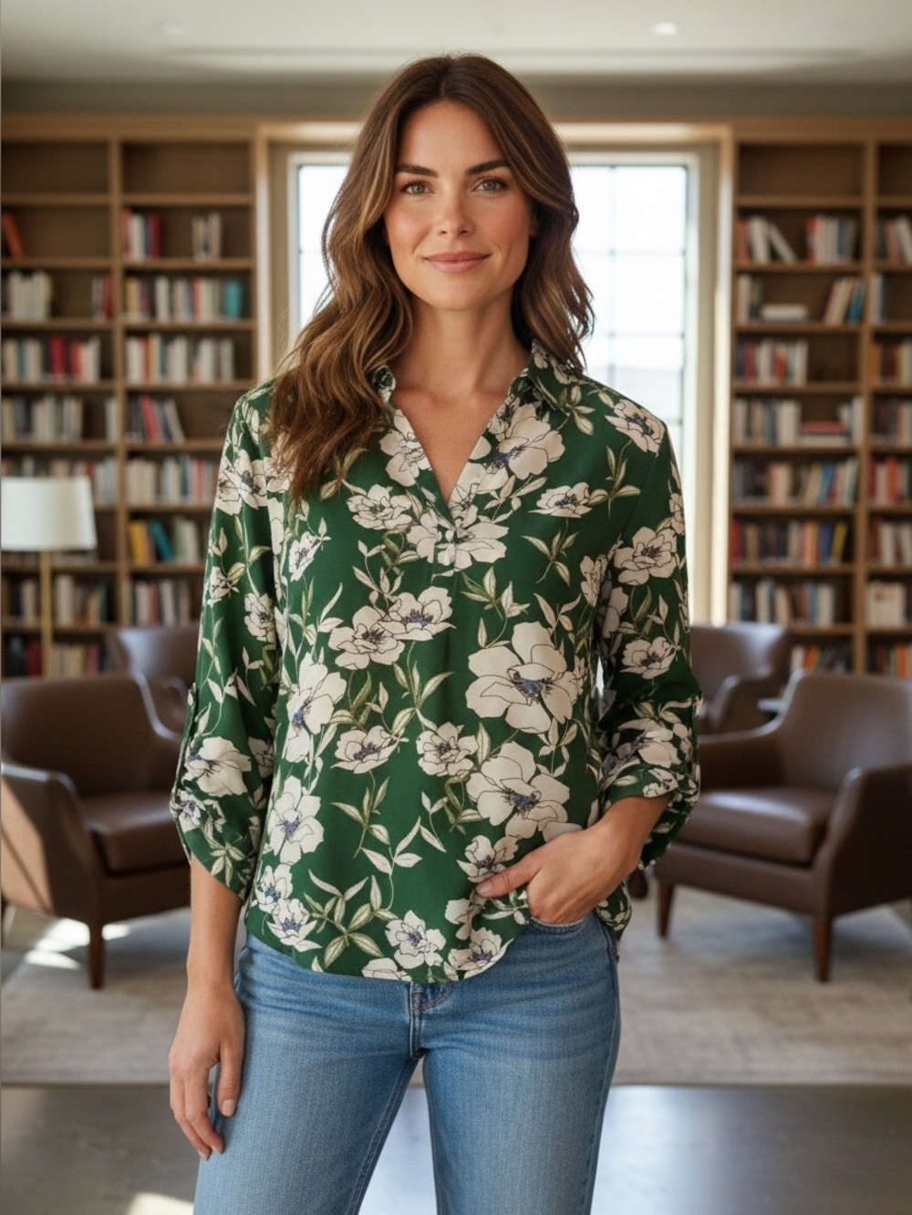 Green Floral V-Neck Women's Blouse - Brand Unknown